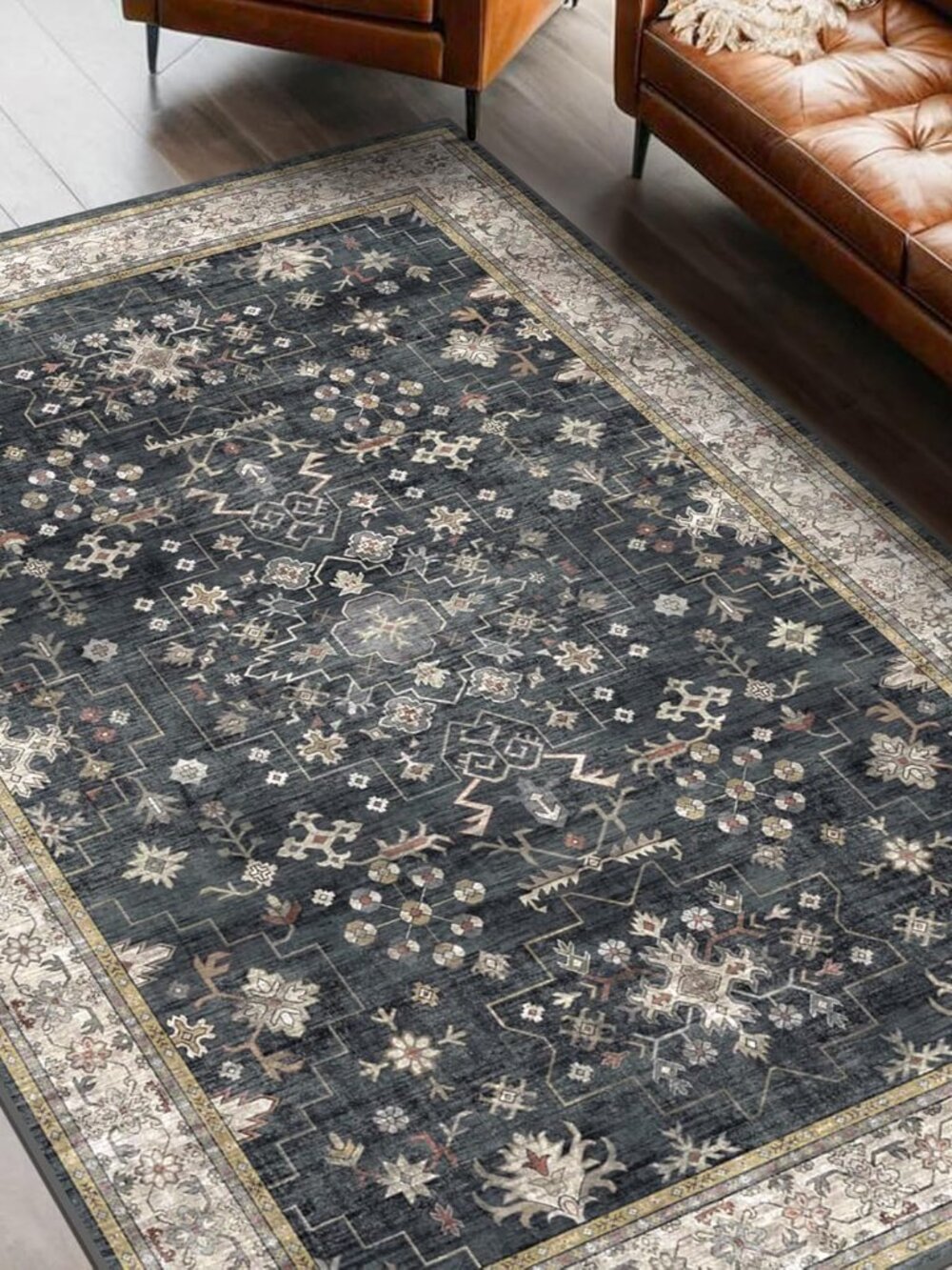 Black Boho Living Room Rug 5x7, Washable Dark Vintage Moody Low Pile Non Slip Ca